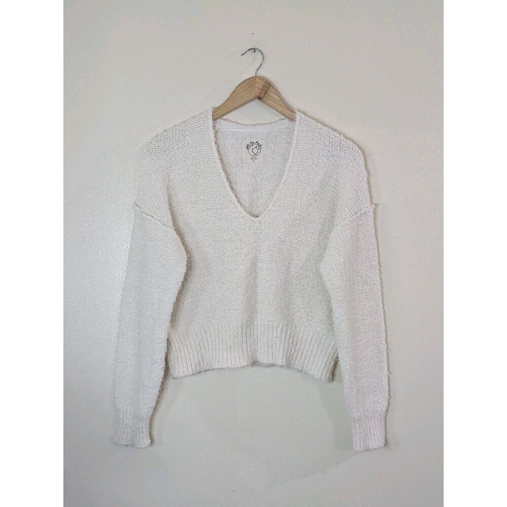 Free People We The Free Theo Cropped V Neck Sweater Ivory Knit Womens XS - Picture 3 of 13